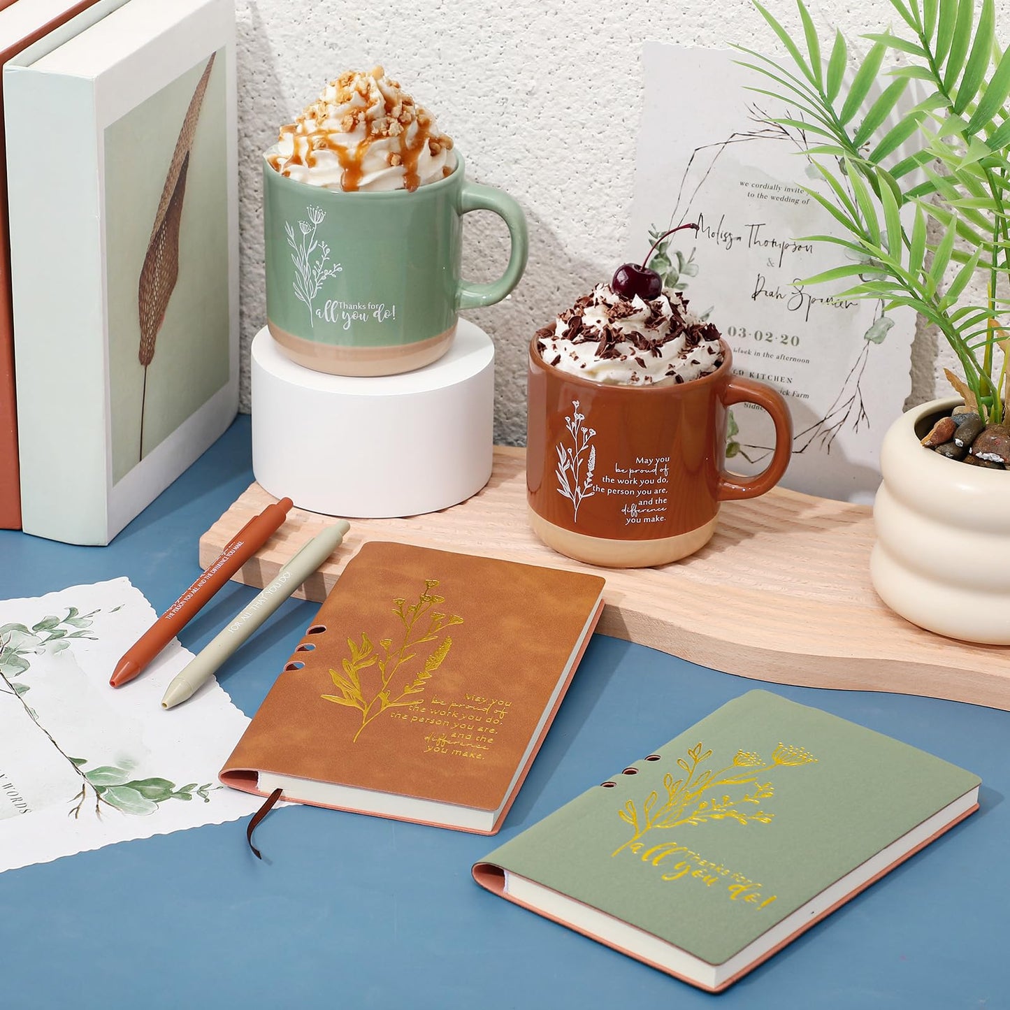Didaey Employee Appreciation Gifts Set 13oz Boho Floral Ceramics Coffee Mugs with A6 Leather Notebooks Ballpoint Pens Bulk Teacher Thank You Gift for Volunteer Coworkers Staff Nurse(2 Sets,2 Colors)