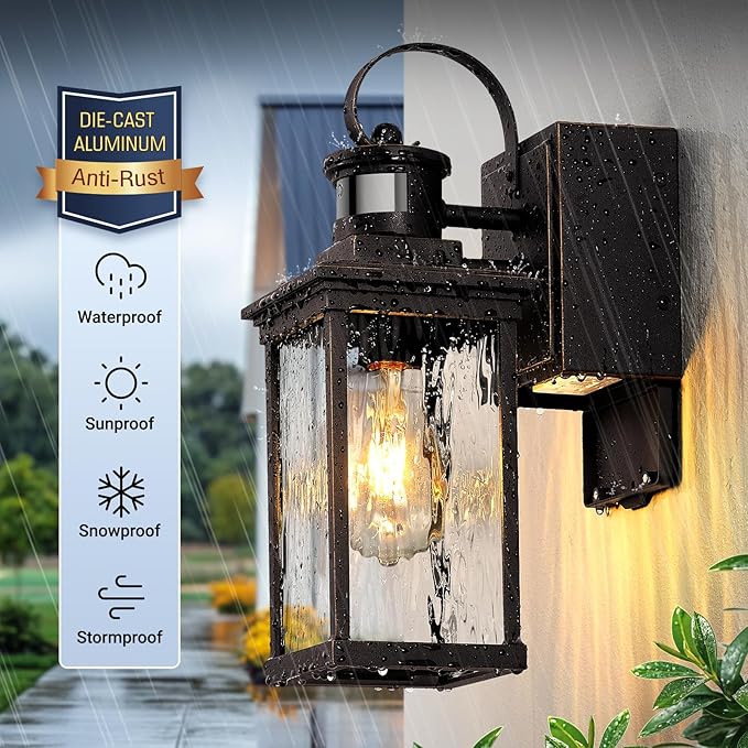 Outdoor House Lights Wall Mount with GFCI Outlet, Oil-Rubbed Bronze with Gold Trim Farmhouse Exterior Lighting Fixtures for Porch, Garage, 100% Aluminum Anti-Rust Front Door Light Motion Sensor