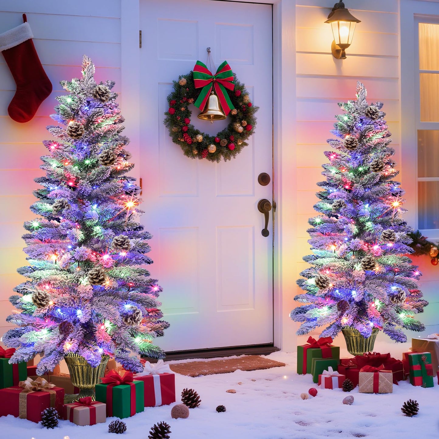 2 Pack 4 Ft Snow Flocked Christmas Entrance Tree in Pot Base with Timer 8 Mode 60 Warm White and Colorful Change Lights 12 Pine Cone Battery Operated for Porch Front Door Entryway Home