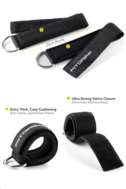 Fitgriff® Ankle Straps V2 for Cable Machine (2 Pieces) - Gym Workout Equipment - Leg Pulley Attachment, Kickback Straps (Black)