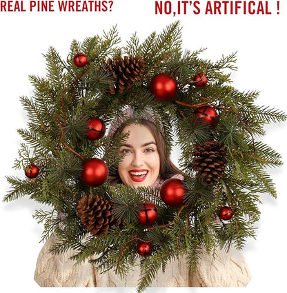 22-Inch Handcrafted Artificial Christmas Wreath with Pinecones, Red Ornaments, and Lifelike Pine Branches Winter Holiday Wreath for Front Door and Home Décor, Indoor/Outdoor Seasonal Décor