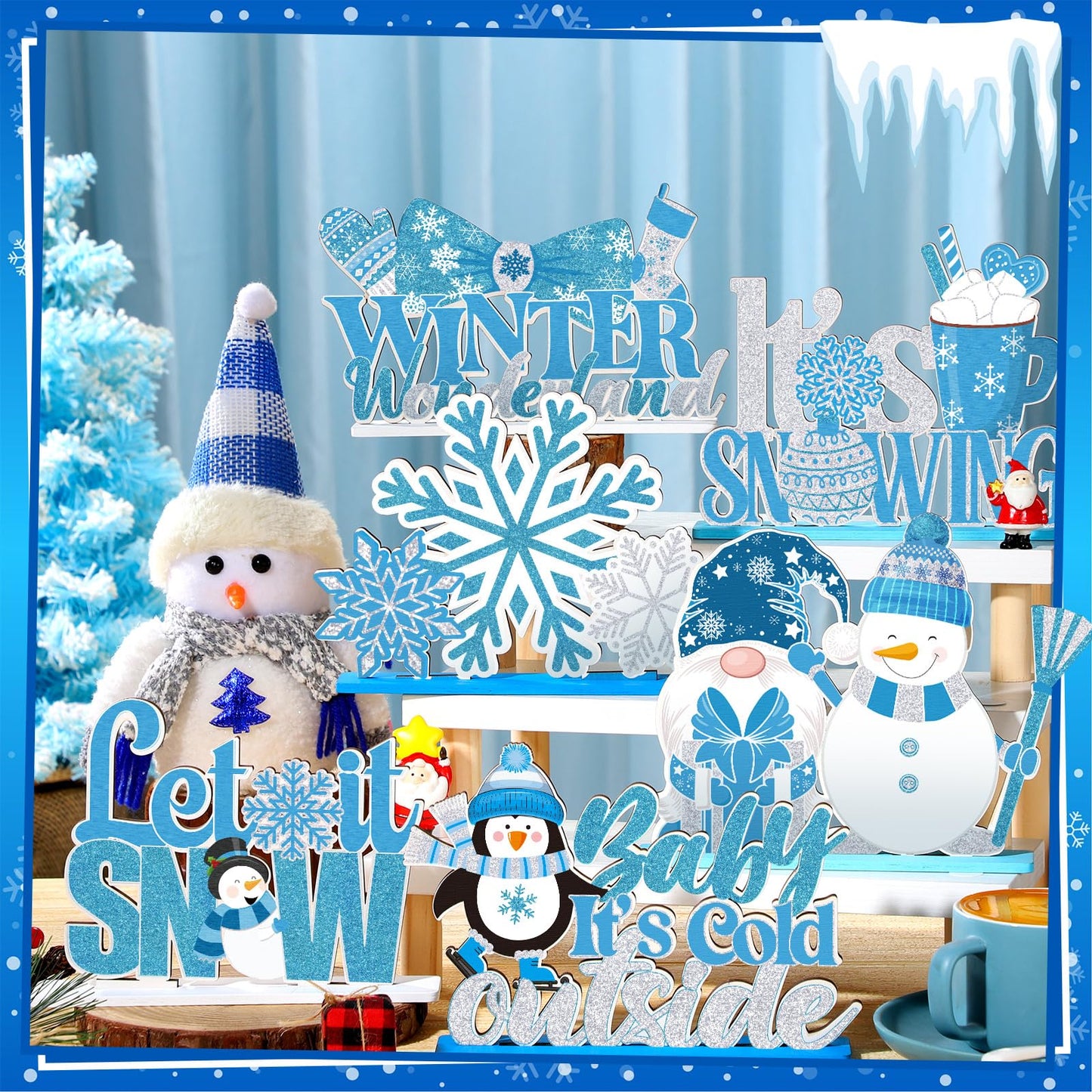 Shellwei 6 Pcs Winter Party Table Decorations Snowflake Snowman Wooden Centerpieces Winter Let It Snow Party Baby is Cold Outside Decoration for Christmas Baby Shower Supplies
