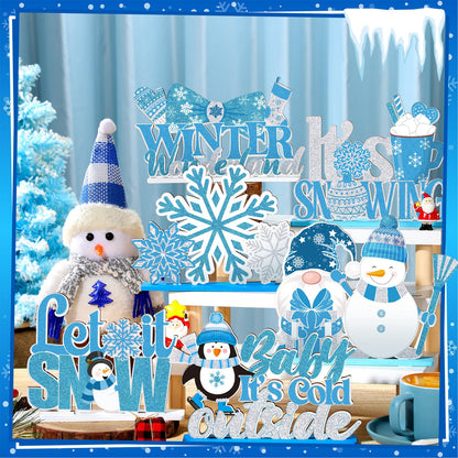 Shellwei 6 Pcs Winter Party Table Decorations Snowflake Snowman Wooden Centerpieces Winter Let It Snow Party Baby is Cold Outside Decoration for Christmas Baby Shower Supplies