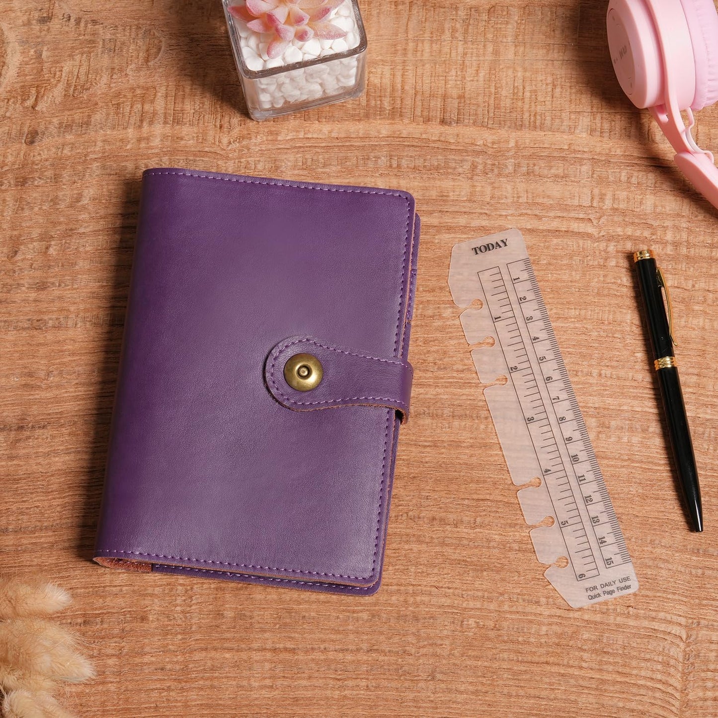 Wonderpool A6 Binder Journal Leather Spiral Notebook Refillable College Ruled Paper, Budget Binder Rings Diary Organizer with Pen for Office School Travel Business Planning Writing (Purple,A6)