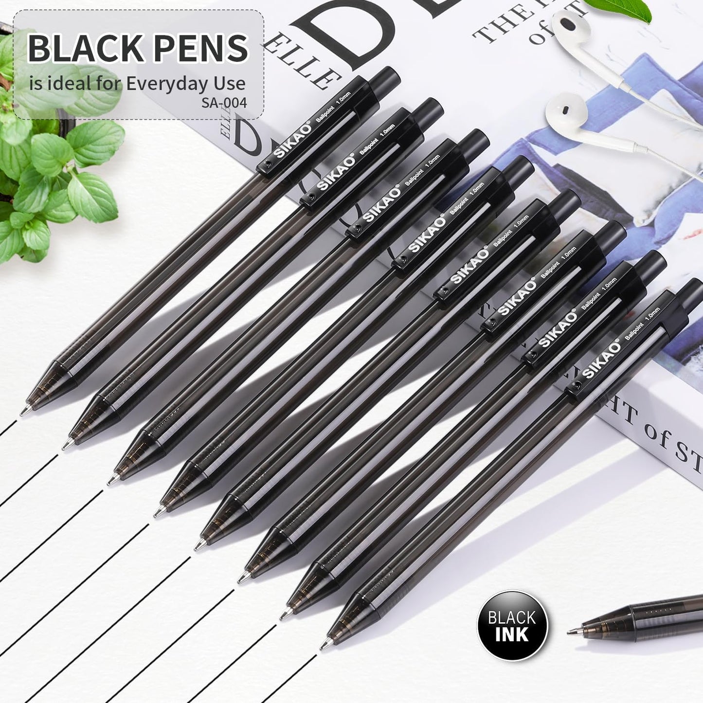 Sikao Black Pens Bulk, 60 Pack Retractable Ballpoint Pens, Black Ink 1.0mm Medium Point, Smooth Writing No-Smear, Click Pens for Teachers, Students, Restaurant Servers School & Office Supplies
