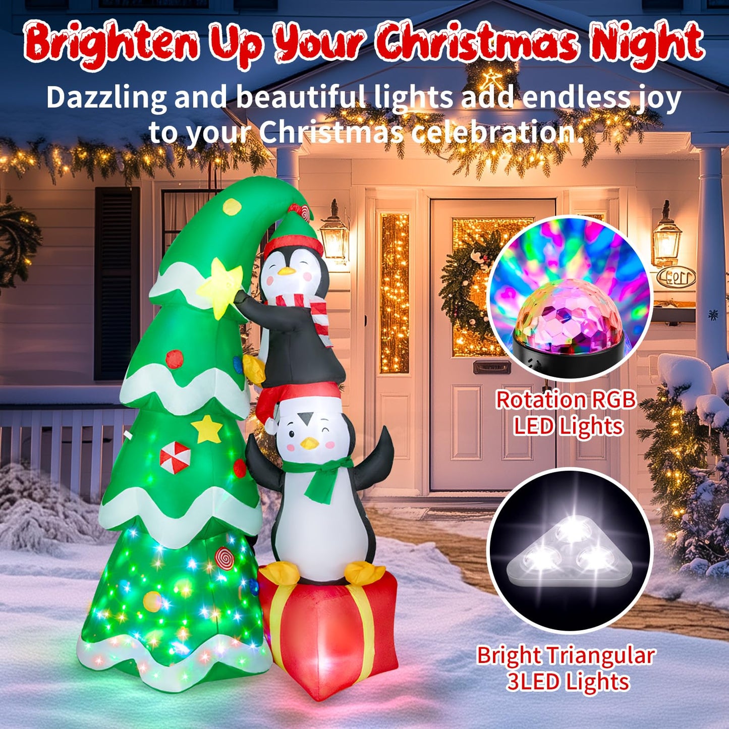 7FT Inflatable Christmas Tree Outdoor Decorations, Blow up Christmas Tree with Penguins & Gift Box Yard Decorations, Build-in LED Lights for Holiday Party Indoor Garden Lawn Patio Festive Decor