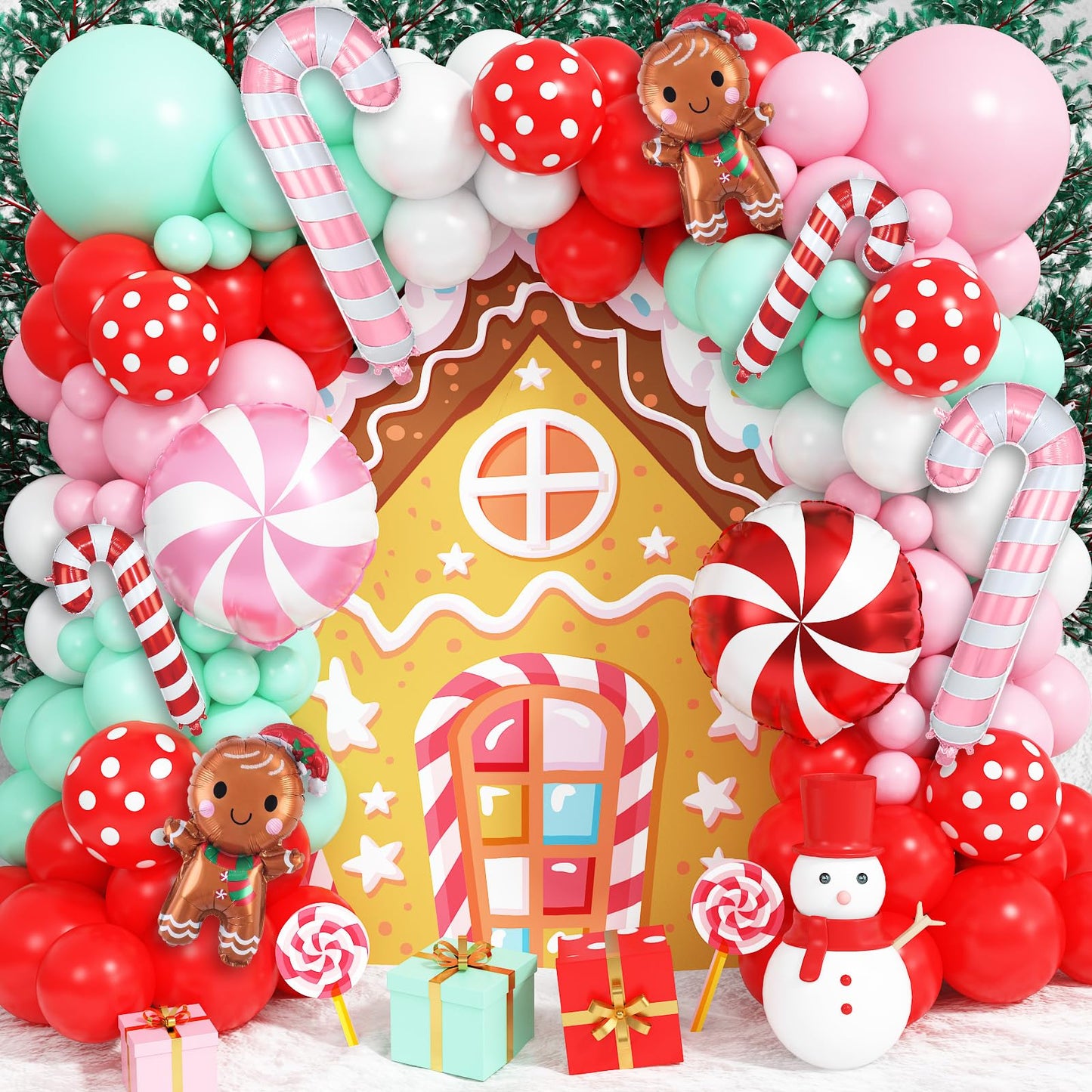 Christmas Balloons Arch Xmas 132PCS Red Pink Green White Balloons Garland for Gingerbread Party Decorations with Cane Foil Balloons Lollipop Candy Balloon New Year Cookie Exchange Decor