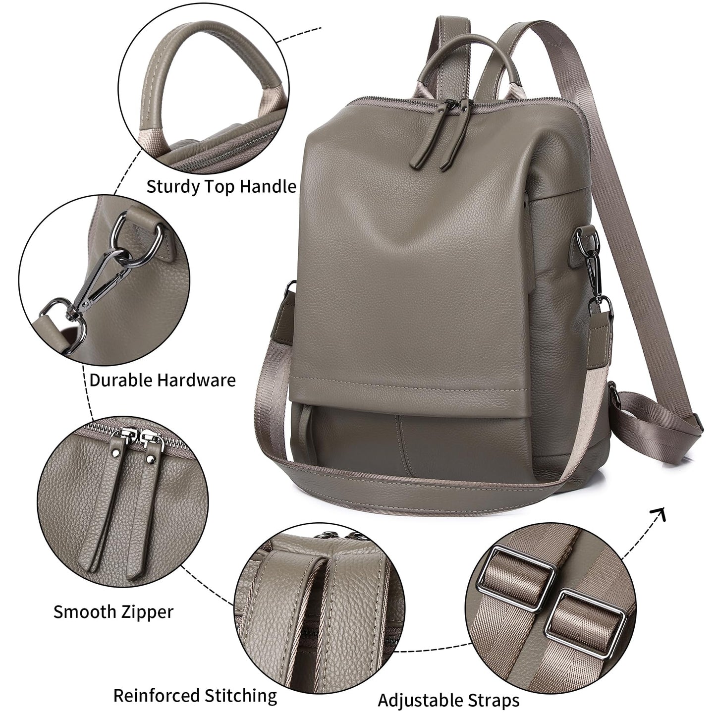 Wesccimo Genuine Leather Backpack Purse for Women, Fashion Designer Soft Backpack with Large Compartment Grey