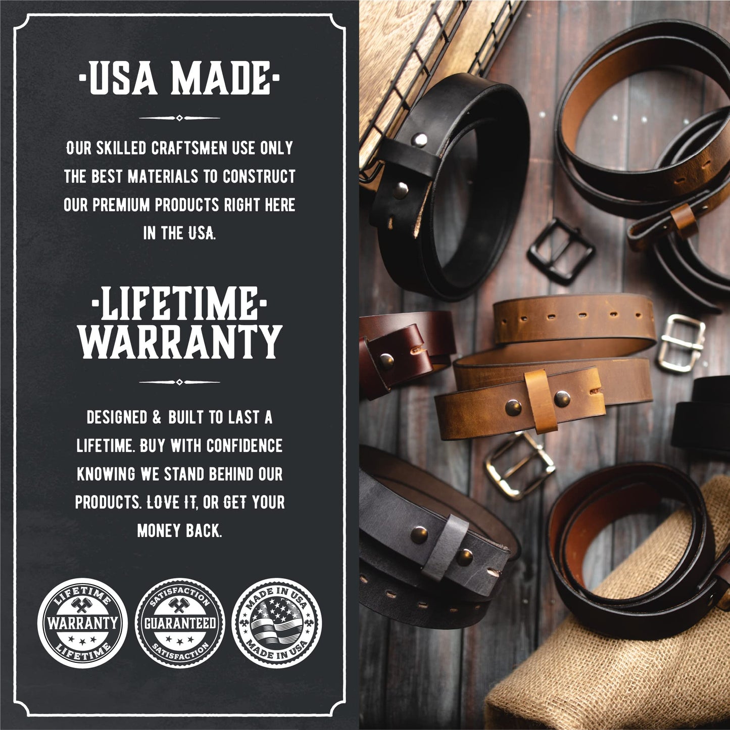 No Buckle Belt | Made in USA Mens Cowboy Belt | 1 1/2" Leather Belt Strap with Snaps | Classic Black 34