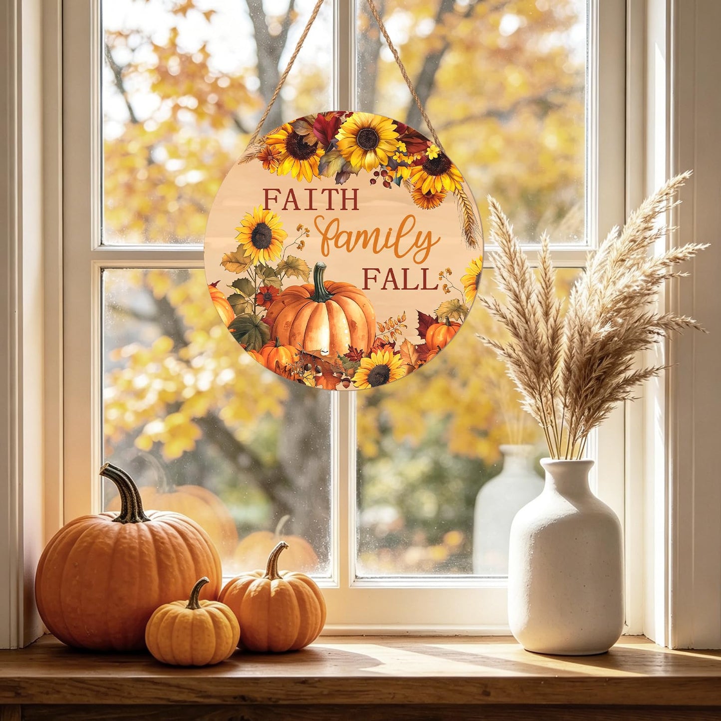 Faith Family Fall Front Door Sign Fall Sunflower Pumpkin Door Decorations Wood Sign Autumn Harvest Wreath Door Hanger Farmhouse Fall Plaques Wall Hanging Decoration for Home Proch Yard 12"x12"