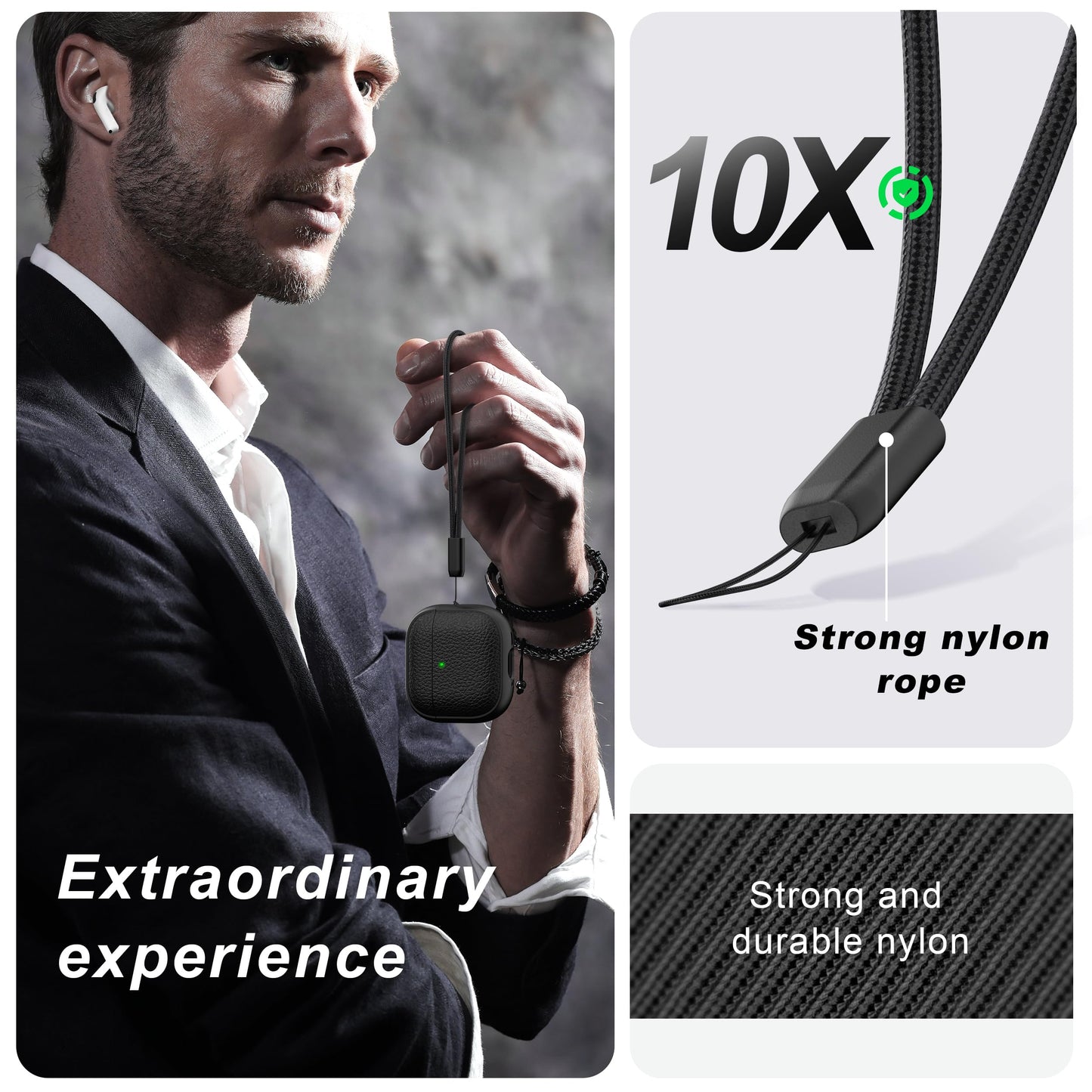 R-fun for Airpods 4 Case, Soft TPU (Leather-Like Design) Drop Protection Cover for Men and Women with Lanyard and Cleaner Kit, Compatible with Apple Latest Airpods 4th Gen(USB-C)(2024)-Black