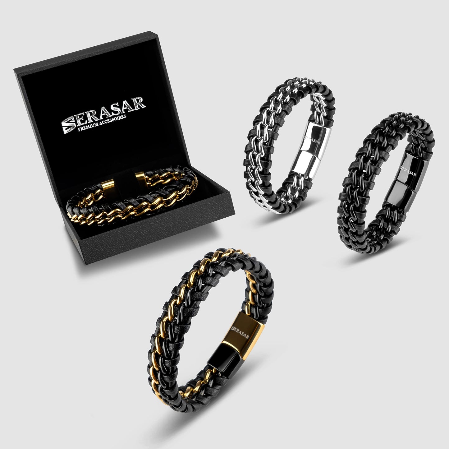 SERASAR 8″ Silver Leather Bracelets for Men Mens Cowhide Gift Box Braided Bracelet Stainless Steel Jewelry Wrist Band Cuff Wrap Rope Bangle Dad Pulseras para Hombres Cuero Regalo