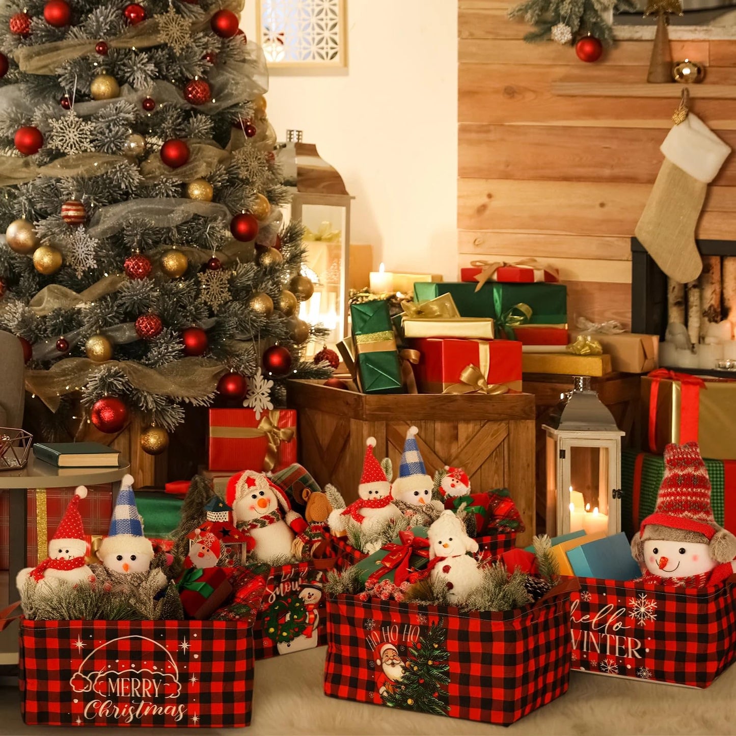 CHENGU 6 Pack Christmas Storage Basket Collapsible Christmas Basket for Gifts Buffalo Plaid Holiday Decor Large Snowman Bin Foldable Xmas Tree Box with Handle for Bedroom Office Home
