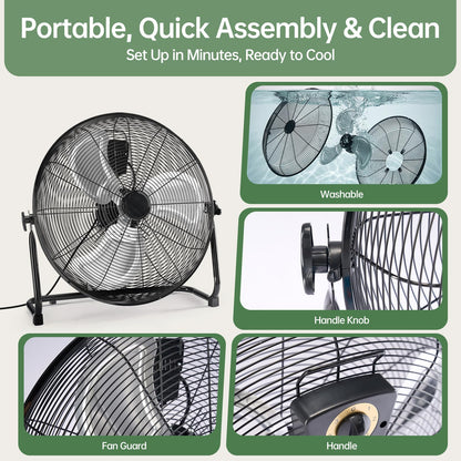 OLIXIS 20'' Industrial High-Velocity Floor Fan, 3-Speed Metal Fan with Carry Handle, Quiet Standing Drum Fan with 120° Adjustable Tilt, Max 3522 CFM for Garages, Workshops, Large Commercial Spaces