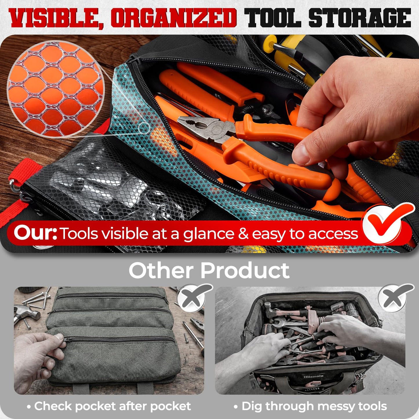 ZICANYCO Roll Up Tool Bag, Heavy Duty See-Through Tool Roll Organizer with 2 Detachable Pouches, Portable Mechanic & Motorcycle Tool Bag, Birthday & Father’s Day Gift, Red