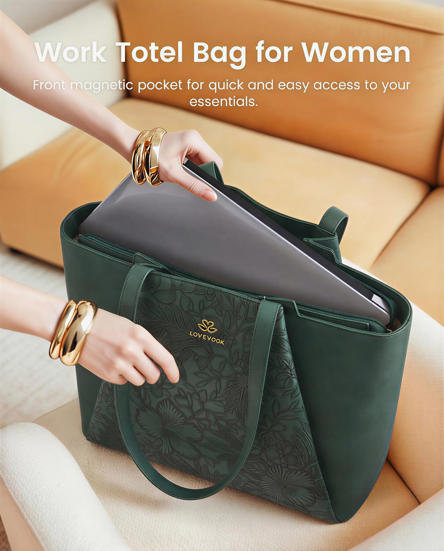LOVEVOOK Laptop Tote for Women - 15.6 Inch Faux Leather Laptop Bag with Clutch, Large Capacity Office Purse Computer Briefcase for Casual Business Travel,Apricot