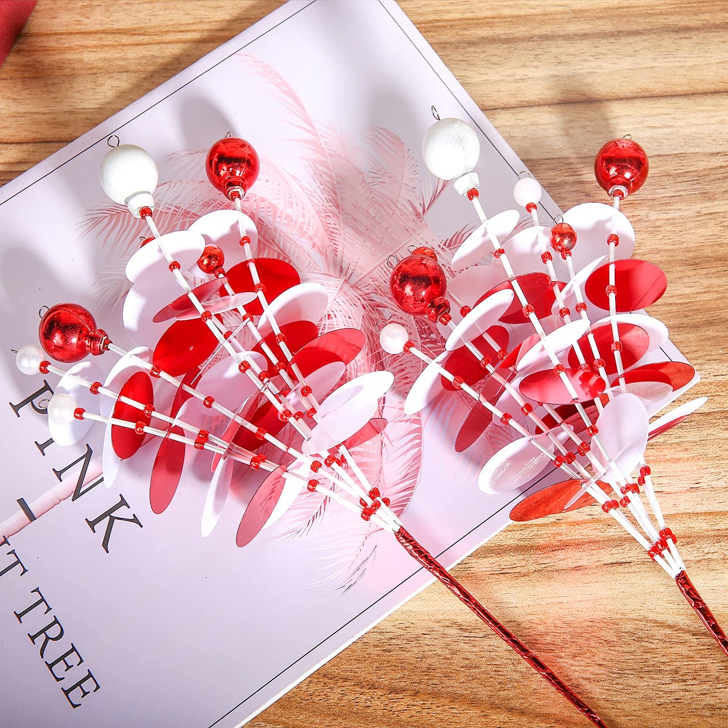 ZHANYIGY 6PC Set 12" H Red White Christmas Ornaments Sequins Ball Pick, Christmas Tree Decorations Christmas Tree Topper Star Home Office Perfect Party Decorations Gifts