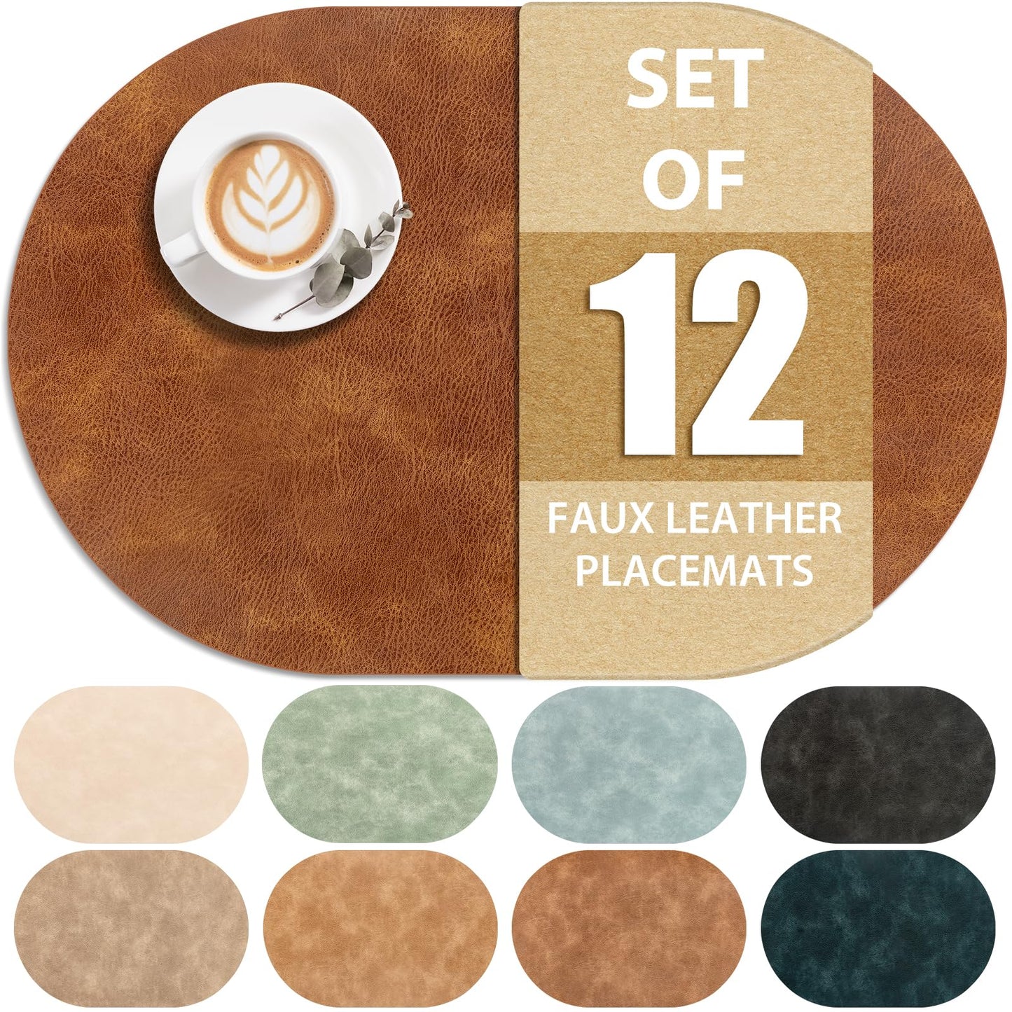 ADRIMER Placemats, Heat Resistant Oval Placemats Set of 12 Washable 12 x 17 Inch, Waterproof Table Mats, Wipeable Pu Place Mats for Kitchen, Dining Room, Turmeric Brown