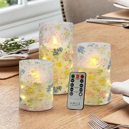 Flickering Flameless Candles Vintage Blue Floral Print, Embedded Star String Lights, Battery Operated Acrylic LED Pillar Candles with 11-Key Remote and Timer for Home Decoration, 3 Pack