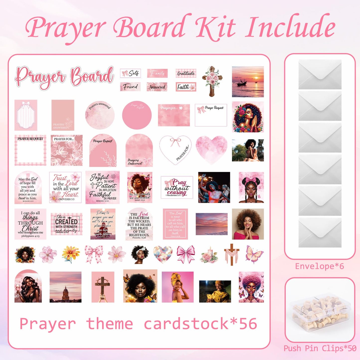 Black Women Prayer Board Kit - Vemfare 162 Pcs Prayer Board Stickers Supplies with Pins Envelope Bible Verse Quotes Cards, Pink Scrapbook Stickers, Bible Study Supplies for Women (Not Cork Board)