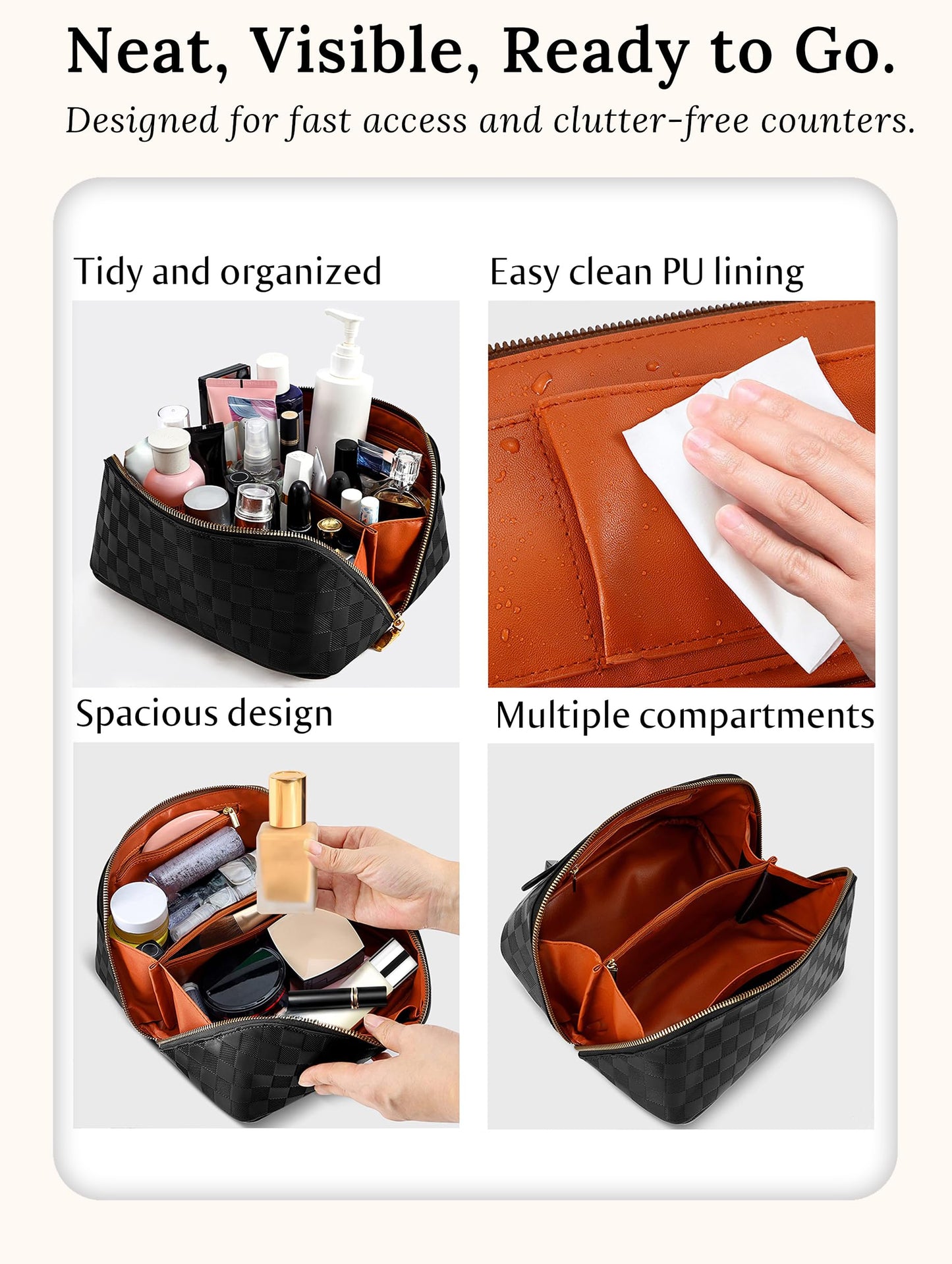 ALEXTINA Large Capacity Travel Cosmetic Bag - Portable Makeup Bags for Women Travel Toiletry Bag Waterproof Leather Checkered Makeup Organizer Bag for Travel Essentials, Open Flat Make up Bag, Black