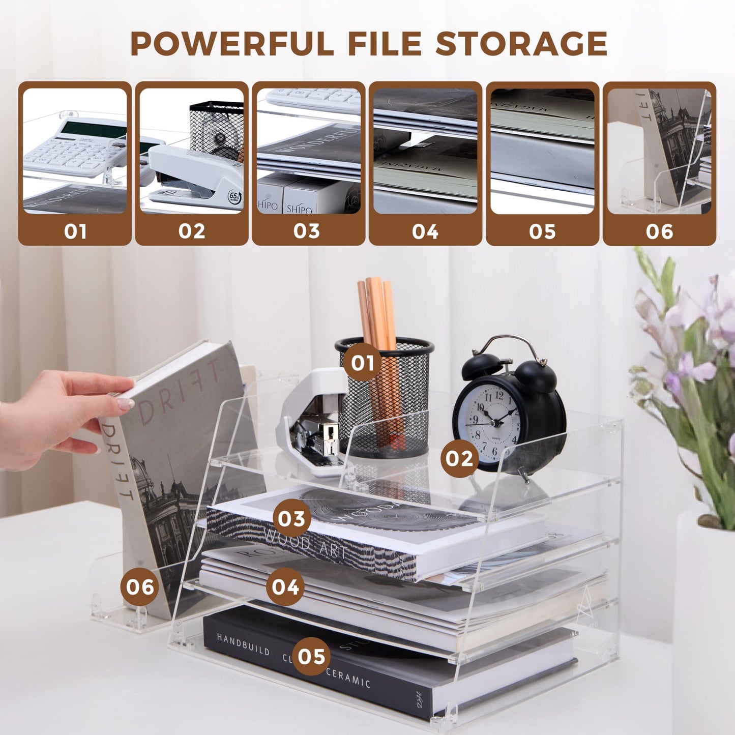 ACRYLATO, Acrylic Desk Organizer - 4-Tier Tray with Vertical File Holder for Books, Stationary, Letter, Magazines, Documents, and File Organizer - Durable Space Saving Storage, For Home and Office