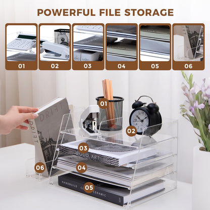 ACRYLATO, Acrylic Desk Organizer - 4-Tier Tray with Vertical File Holder for Books, Stationary, Letter, Magazines, Documents, and File Organizer - Durable Space Saving Storage, For Home and Office