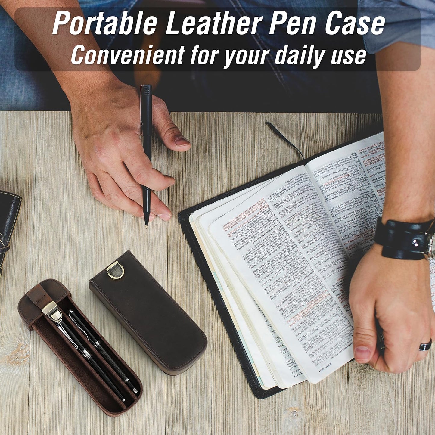CataPurus Top Grain Genuine Leather 3 Fountain Pen/Pencil Tray Case Holder, Handmade Minimalist Design, Brass Plug-in Lock with Drawer Design, Gift Choice for Man/Woman/Office, Matte Coffee, 3 Slots