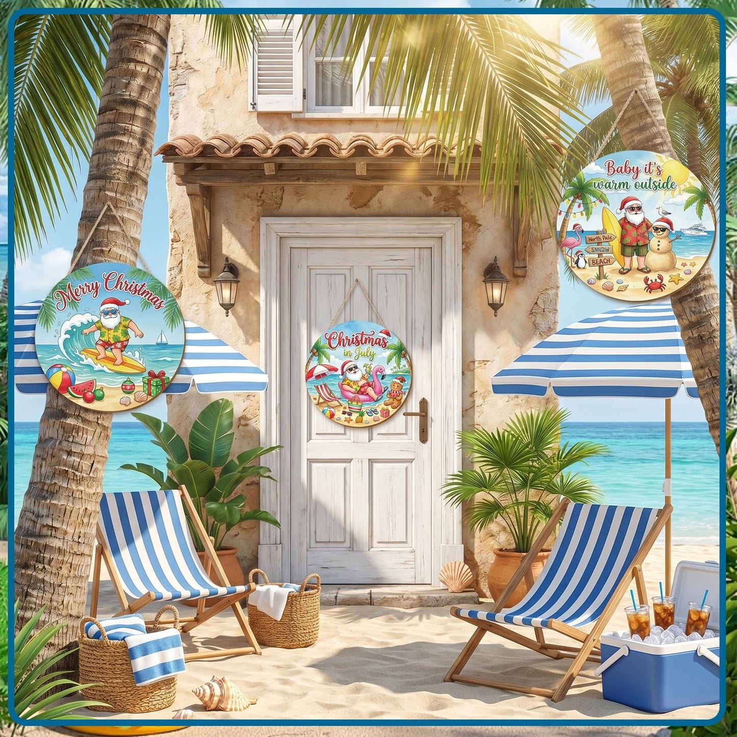 Shejdgart Summer Christmas Door Decorations - 3 Pcs Christmas in July Front Door Sign Xmas Santa Beach Snowman Hawaiian Wooden Hanger Door Sign for Farmhouse Home Wall Living Room Party Supplies