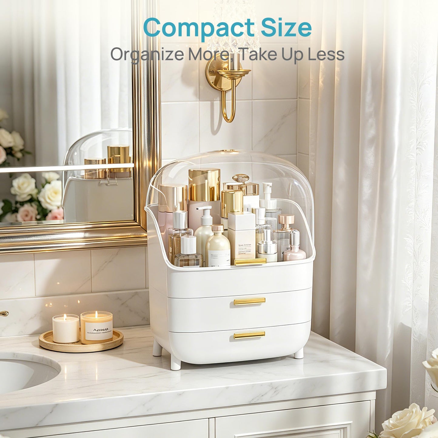 Vtopmart 3-Tier Skincare Makeup Organizer with Drawers and Lid for Vanity and Bathroom Countertop, Large Cosmetic Storage Box Case for Dresser, with Non-Slip Base
