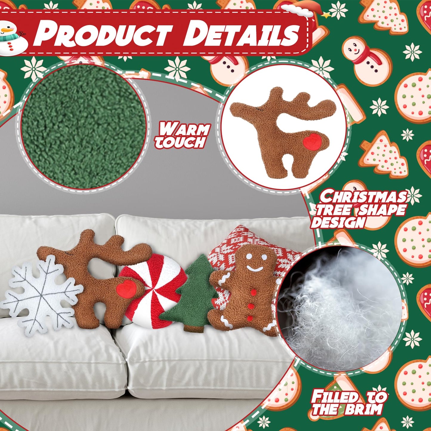 Cumule 5 Pcs Christmas Throw Pillows Cute Xmas Tree Candy Gingerbread Reindeer Snowflake Shaped Plush Pillow for Christmas Winter Holiday Party Outdoor Bedroom Cushion Decoration