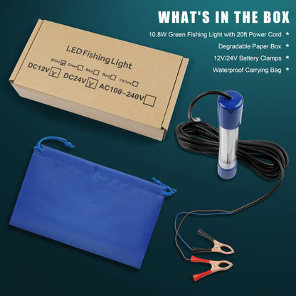 Underwater Fishing Light 1600 Lumens 10.8W 12/24V Submersible Fishing Bait Finder 180 LED Deep Drop Night Fishing Light with 20 FT Cord for Shrimp Squid Fish Crowds