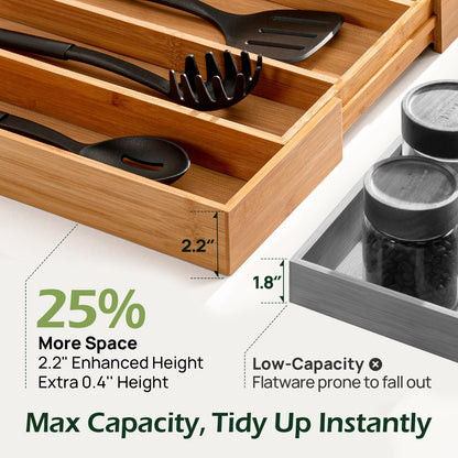 Carbonized Bamboo Kitchen Drawer Organizer, 8 Slots Silverware Organizer, Utensil Holder & Cutlery Tray, 2.2" Deep for Extra Capacity, Non-Slip Feet Included