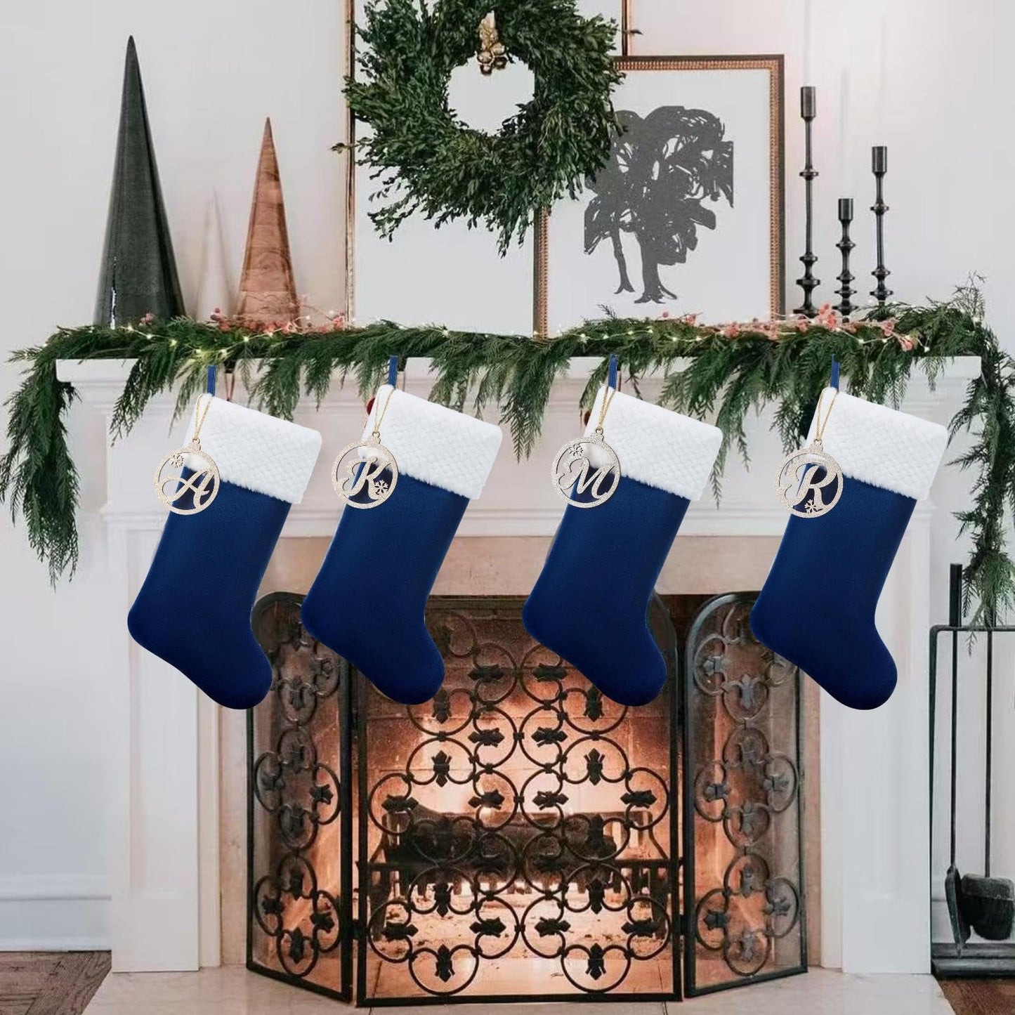Pxniy Personalized Christmas Stocking, 19.5 Inch Blue Velvet Christmas Stocking with Gold Wooden Letter Ornament - Fireplace Holiday Decor (Blue M)