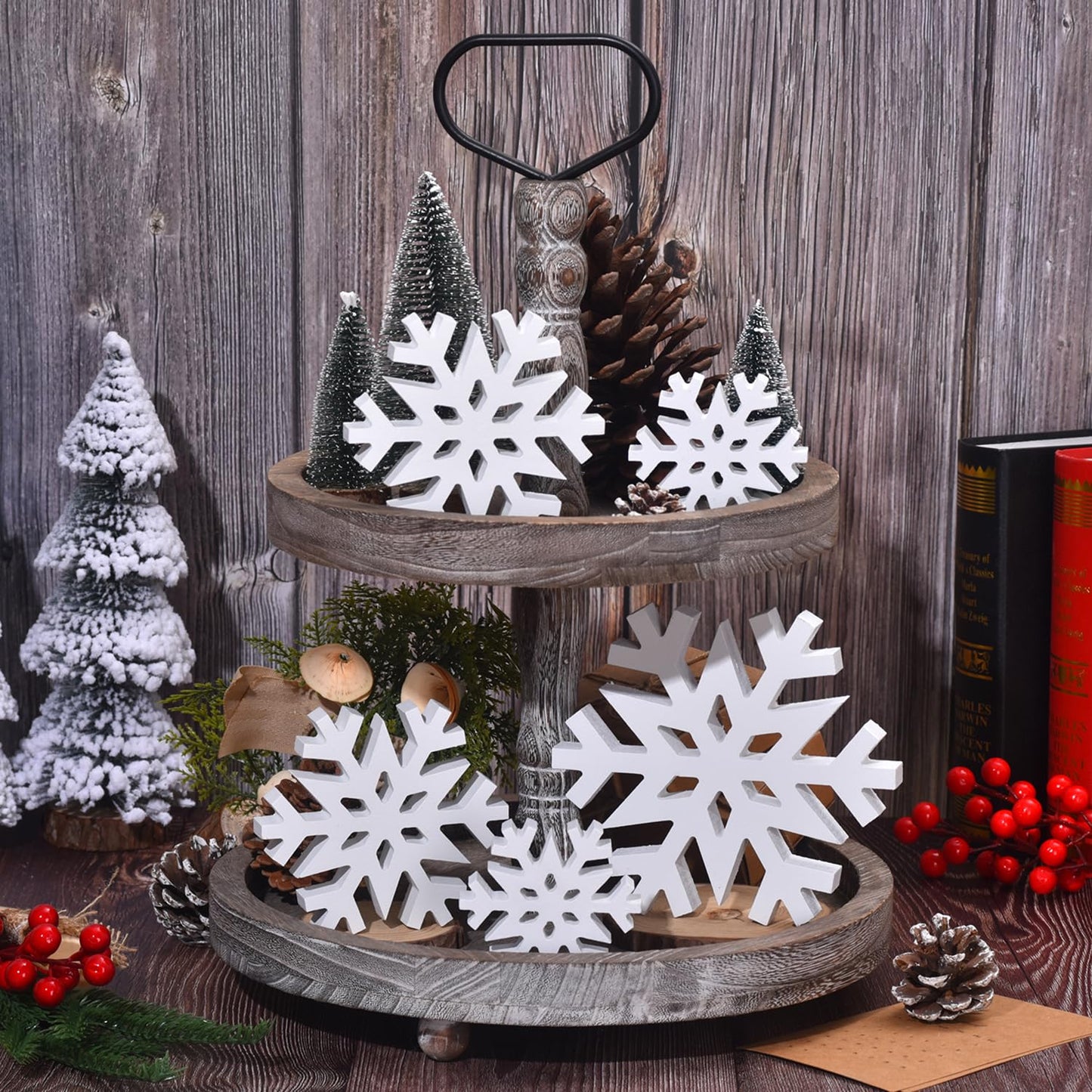 GHOSTMAGIC 5Pcs Christmas Snowflake Wooden Tabletop Decor, White Snowflake Wood Sign Blocks Winter Decoration in 3 Sizes, Farmhouse Tiered Tray Decor Centerpiece for Xmas Party Home Mantel (White)
