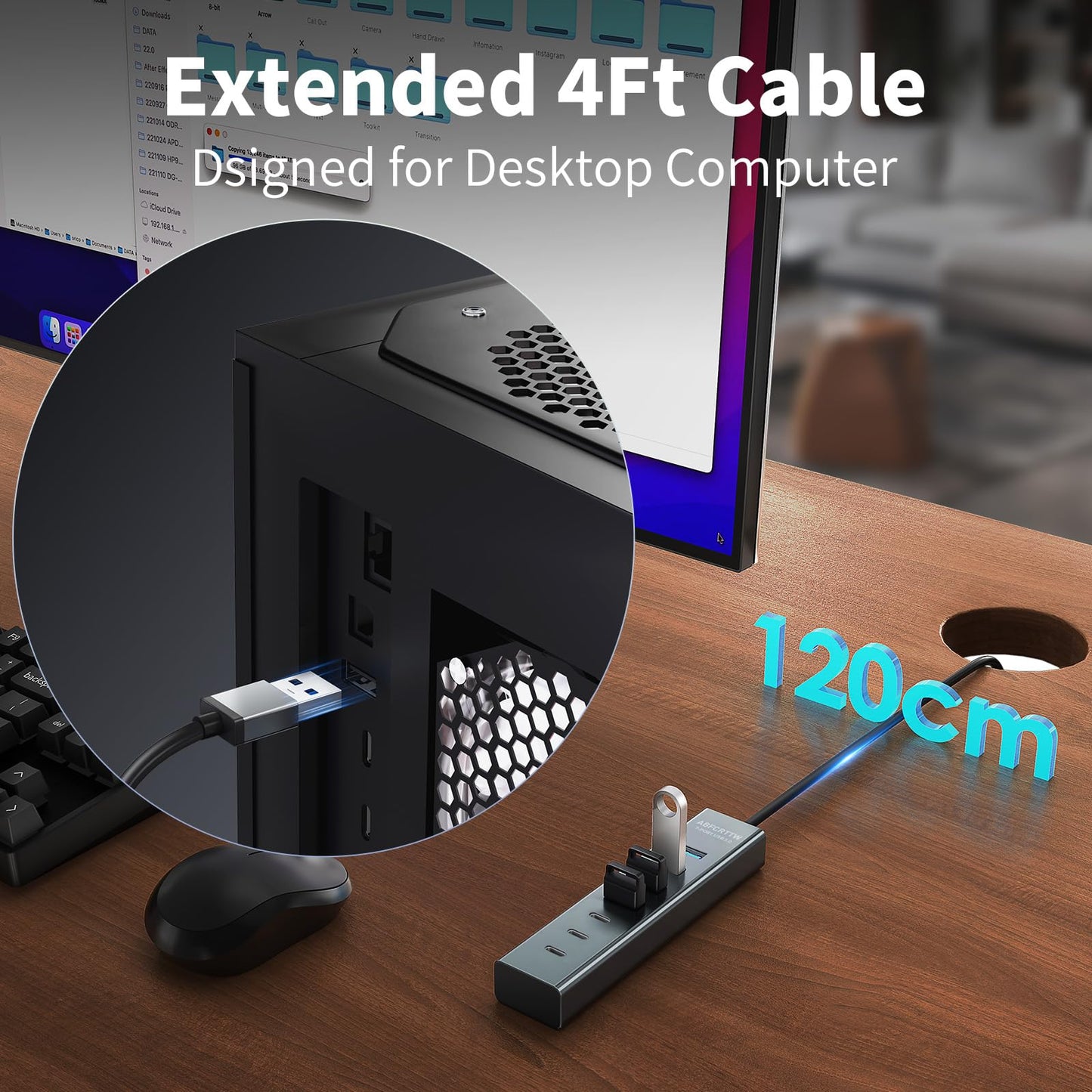 4Ft 7-Port USB Hub 3.0 for Desktop, 4 USB-A & 3 USB-C Ports Aluminium 5Gbps USB Extender Hub, USB Splitter, USB Hub Long Cable for Desktop, PC, Flash Drive, Mobile HDD SSD, Windows/XPS