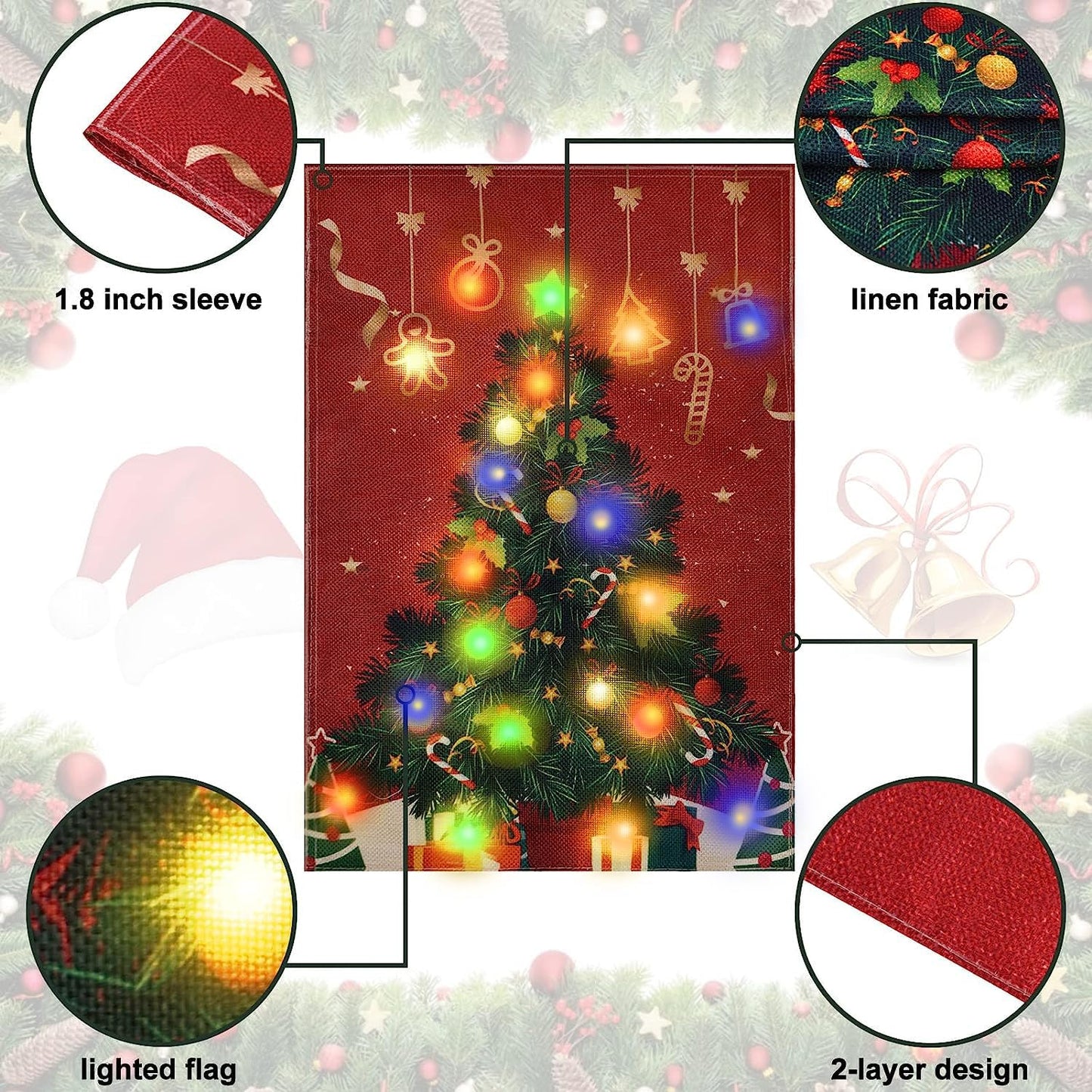 FLAGMESAGE Lighted Christmas Garden Flag for Outside, Solar LED Xmas Tree Flag Decoration, 12x18 Double Sided Outdoor Yard Lawn Decor