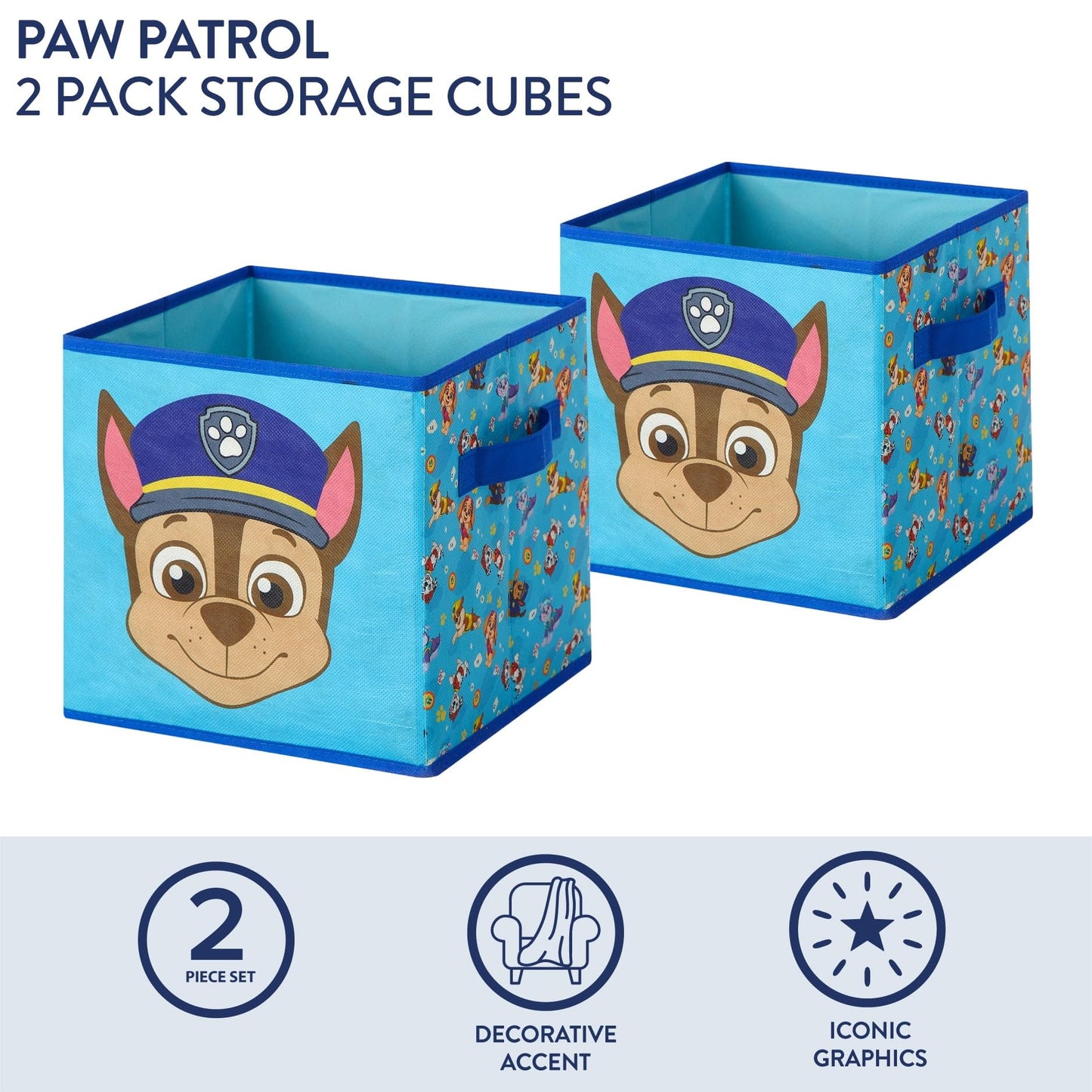 Nickelodeon Paw Patrol Kids Storage Cubes, 2 Pack Foldable Fabric Bins with Handles, Collapsible Organizer Boxes for Bedroom, Playroom & Nursery, Durable Kids Storage Solution