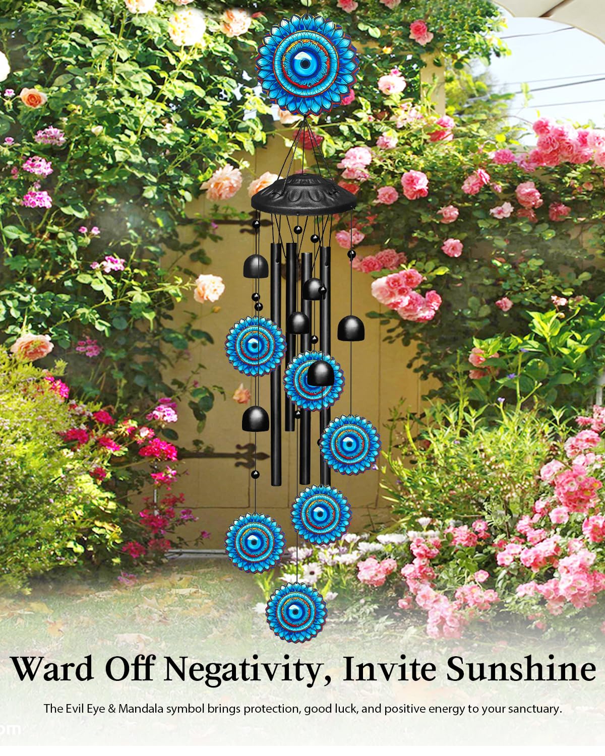 Evil Eye Wind Chimes for Outside Boho Decor, Large 35.4" Anti-Tangle Clapper-Free Tube Windchime, Radiant Sunflower Mandala Patio Ornament, Soothing Melodic Metal Bells for Garden, Yard, Balcony