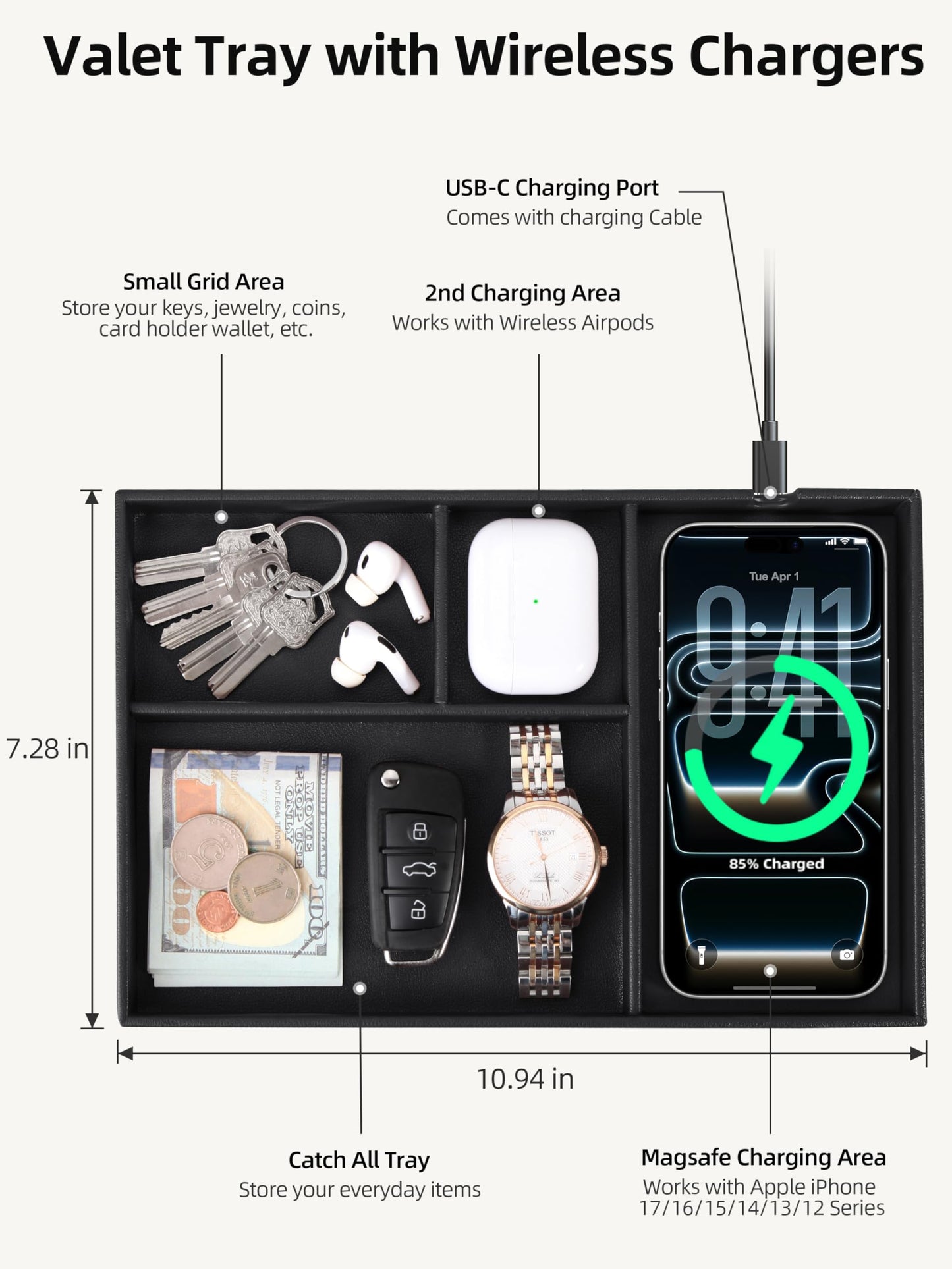 Valet Tray, Built-in Wireless Chargers, PU Leather Nightstand Organizer, Desk Bedside Caddy Organizer Tray for Men Women, EDC Catchall Trays for Keys, Watch, Phone, Jewelry, Black
