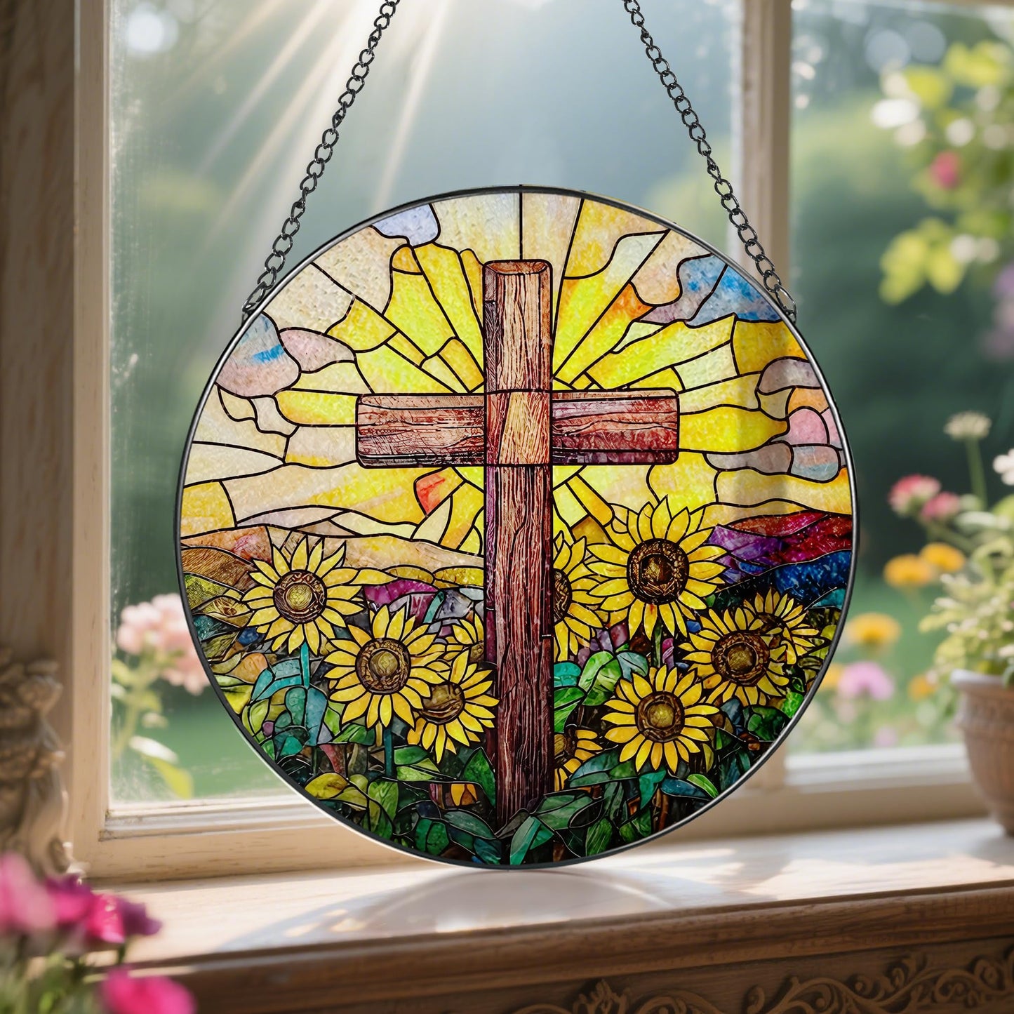 Stained Glass Suncatcher, Sunflower & Cross Sun Catcher Ornament; Stained Glass Window Hanging, Christmas Ornament, Christian Home Decor; Baptism Gift, Christian Gifts, Religious Gifts