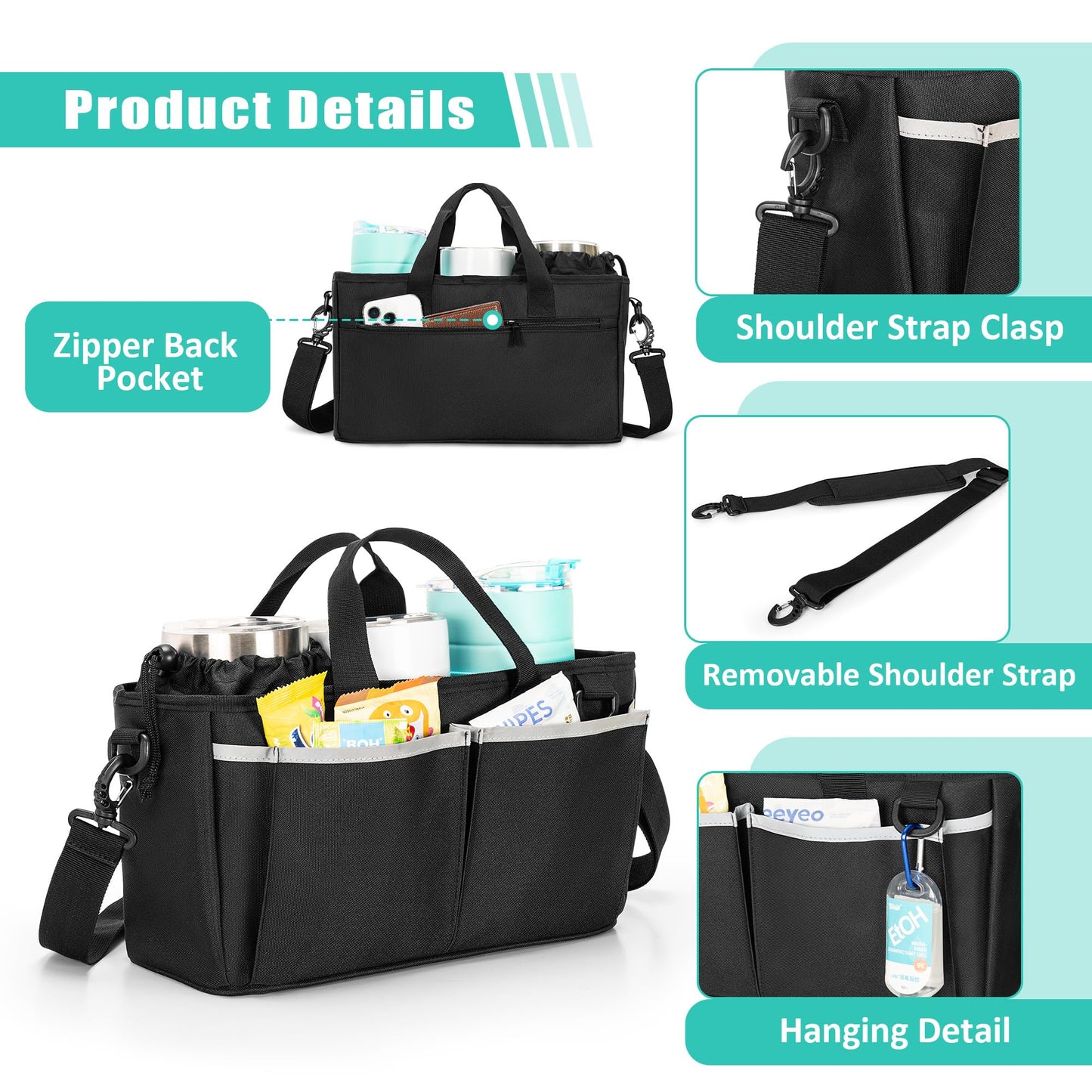 Trunab Water Bottle Carrier with Drawstring Buckle, 32/40 oz Cup Holder Bag with Detachable Divider, 3 Cup Carrier with Adjustable Shoulder Strap