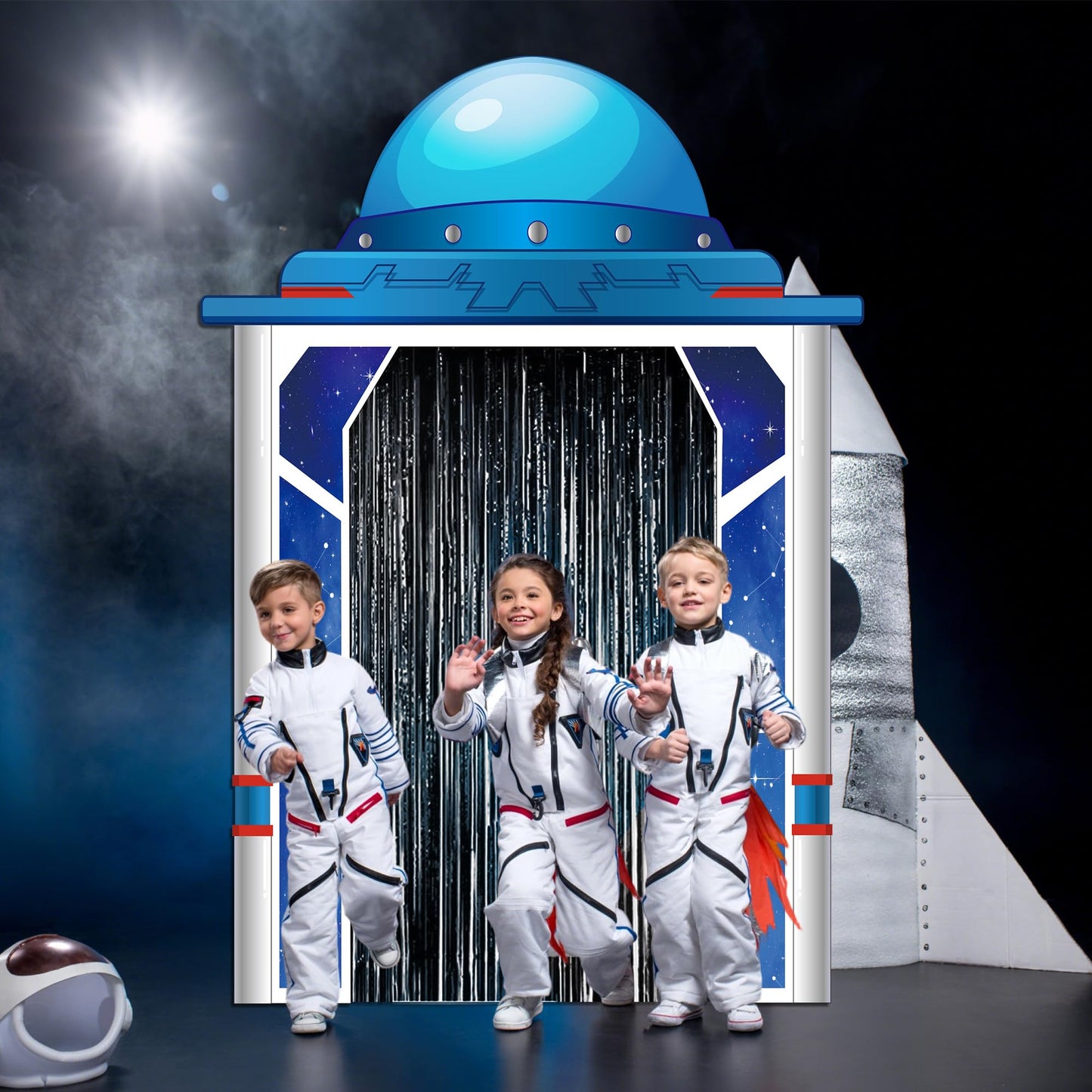 Space Ship Party Porch Banner Outer Space Theme Birthday Door Hanging Backdrop with Foil Fringe Curtains Astronaut Planet Photo Props Rocket Star Background Door Entryway Decor for Classroom Bedroom