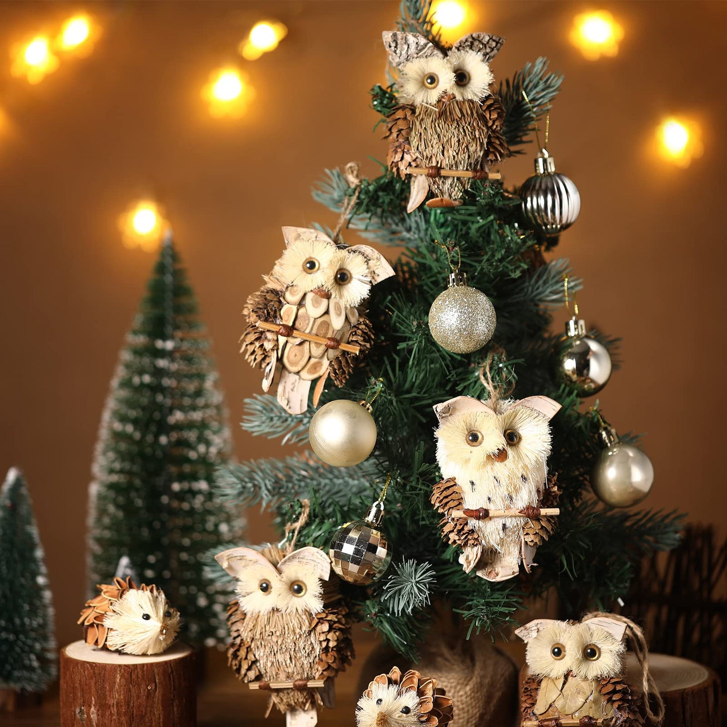 Sotiff 68 PCS Woodland Christmas Tree Ornaments Decoration Set - Includes Forest Animal, Gold Ball, Hedgehog, Jute Tree Wrap & Bows for Farmhouse Rustic Fall Winter Holiday Party Decor