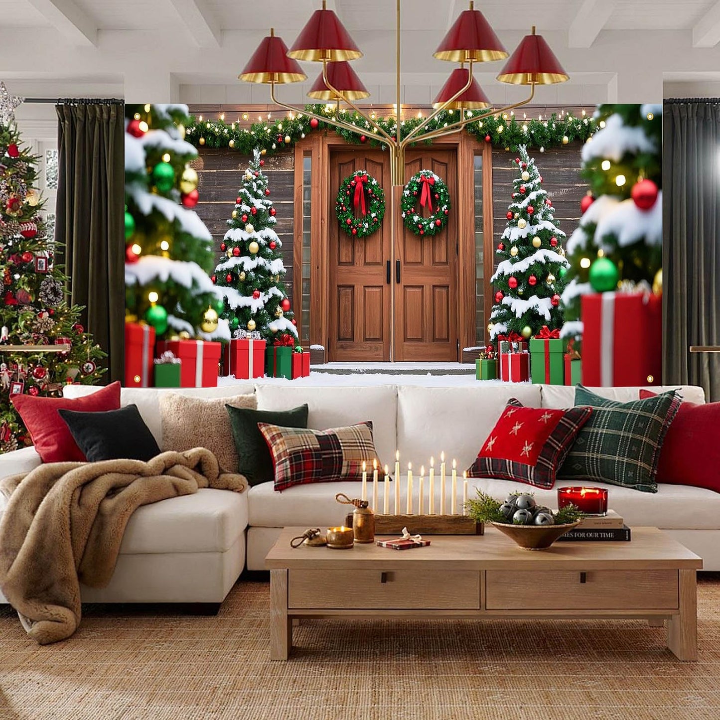 HOMETITUTE Christmas Garage Entryway Banner 13x6ft Rustic Wood Entryway Scene with Festive TreesGift Boxes Snowflakes Lights Outdoor Holiday Yard Display Backdrop Photo Background