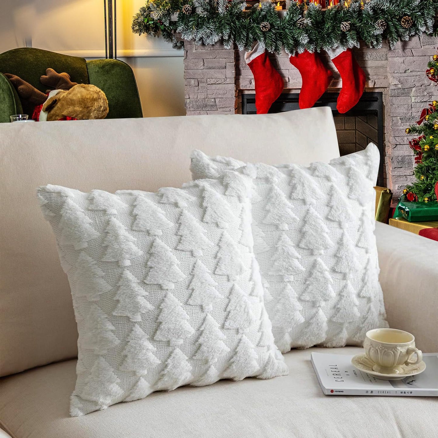 TOYPOPOR Christmas Pillow Covers 18'' x 18'' Set of 2, Soft Faux Rabbit Fur 3D Embroidery Christmas Tree Throw Pillow Covers for Holiday Christmas Decor Sofa, Couch, Skin-Friendly, Invisible Zipper