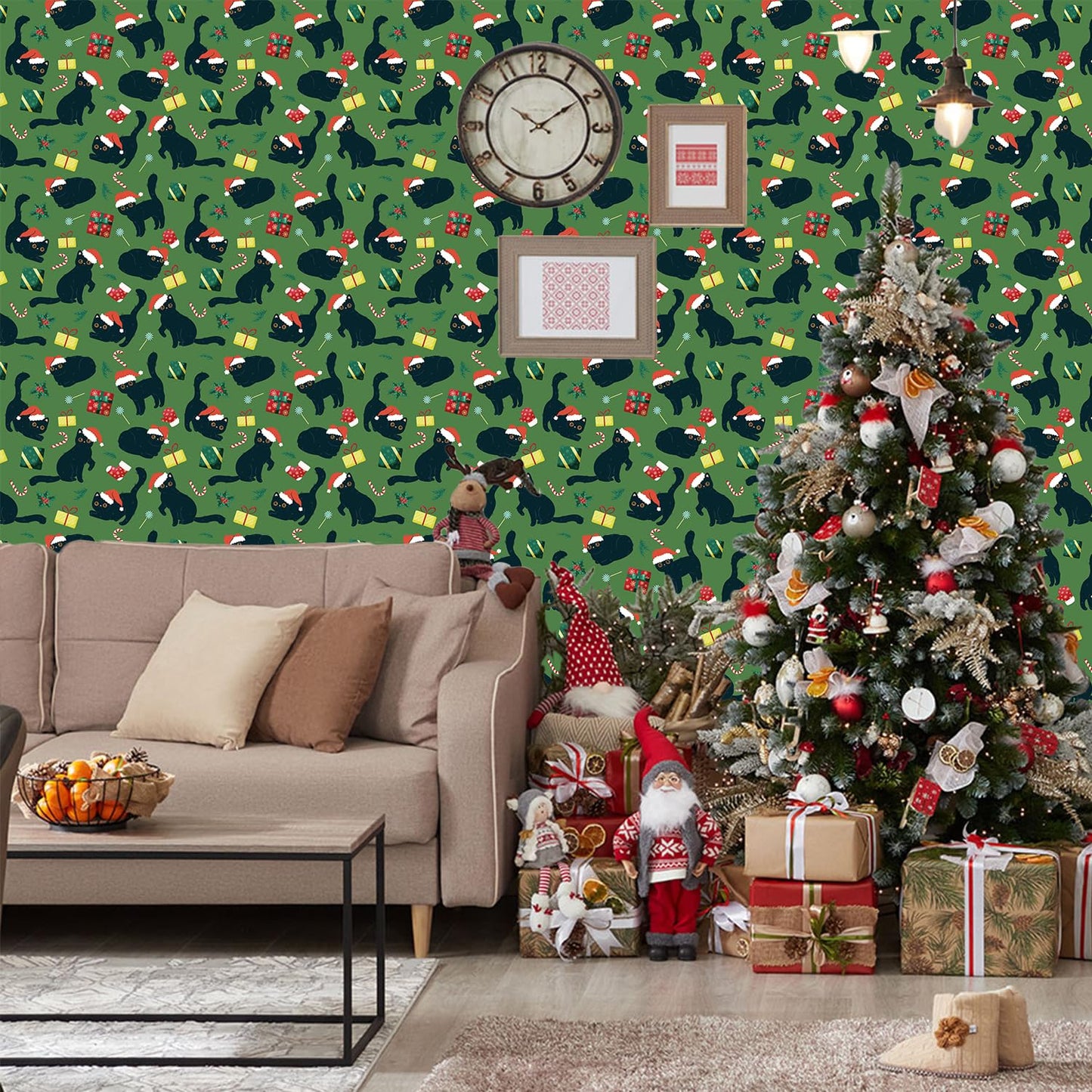 IARTTOP Christmas Cat Wallpaper Peel and Stick Christmas Party Contact Paper for Cabinets Black Cats Santa Hats Wallpaper Candy Cane Green Xmas Backdrop for Holiday Bedroom Cat Lovers(17.3"X118.1")