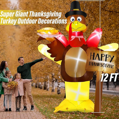 12FT Thanksgiving Inflatables, Super Huge Inflatable Turkey Holding Pumpkin Pie and Happy Thanksgiving Sign, Lighted Blow Up Turkey for Yard Decor Outdoor Lawn Garden Autumn Holiday Harvest