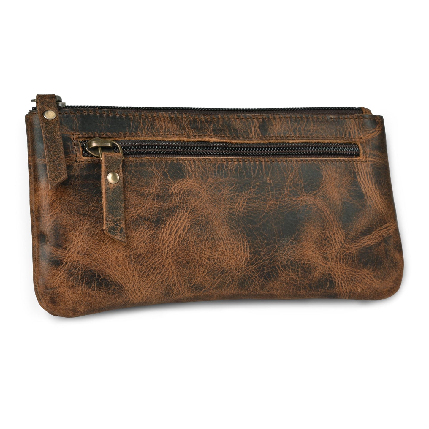 LEATHER VILLAGE Leather Pencil Pouch Pen Case - Rustic/Vintage Brown - 8"X4"- Double Pocket - Elegant and Practical Zipper Pouch Holder for Artists, Men, and Women