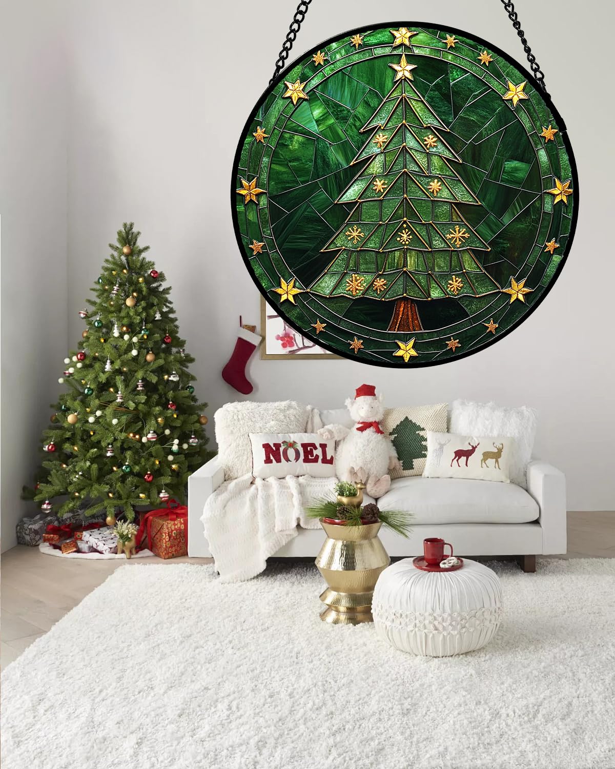 Stained Glass Window Hanging - Green Christmas Tree with Golden Stars Suncatcher for Doors Home Christmas Decoration Sun Catcher Thanksgiving New Year Birthday Gifts for Women Men Mom Nana 9.8 in
